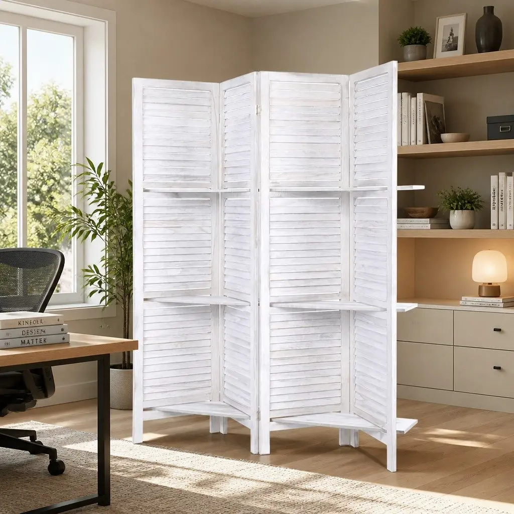 4-Panel Folding Room Divider with Shelves 163x170cm