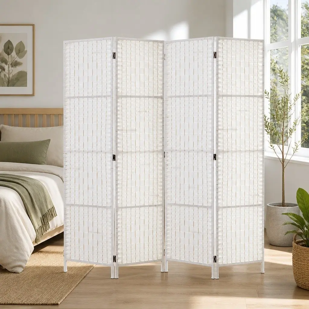 4-Panel White Room Divider 163x170cm with Woven Panels