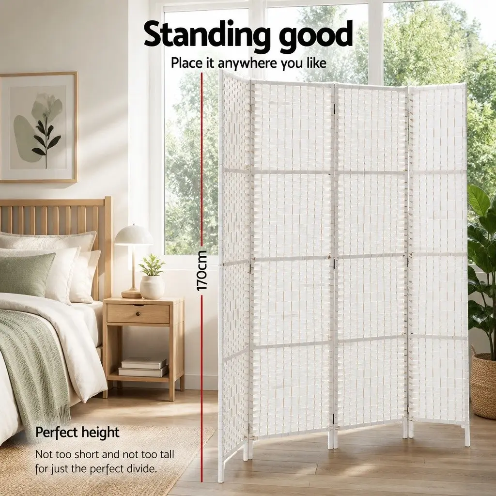 4 Panel Room Divider Woven Paper 163x170cm White
