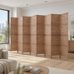 8-Panel Folding Room Divider Screen with Natural Wood Frame