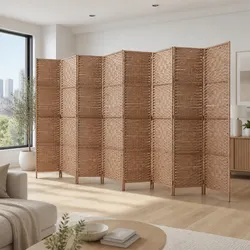 8-Panel Folding Room Divider Screen with Natural Wood Frame