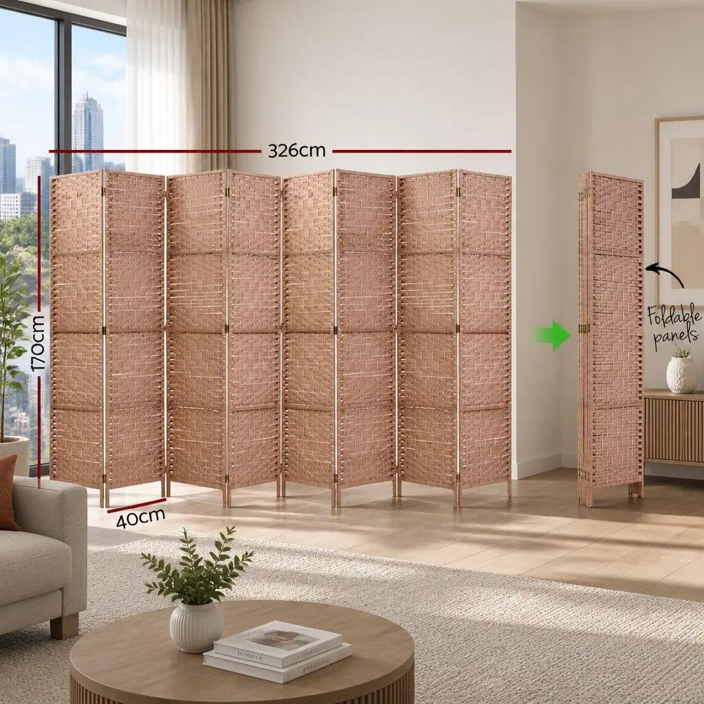 8-Panel Folding Room Divider Screen with Natural Wood Frame