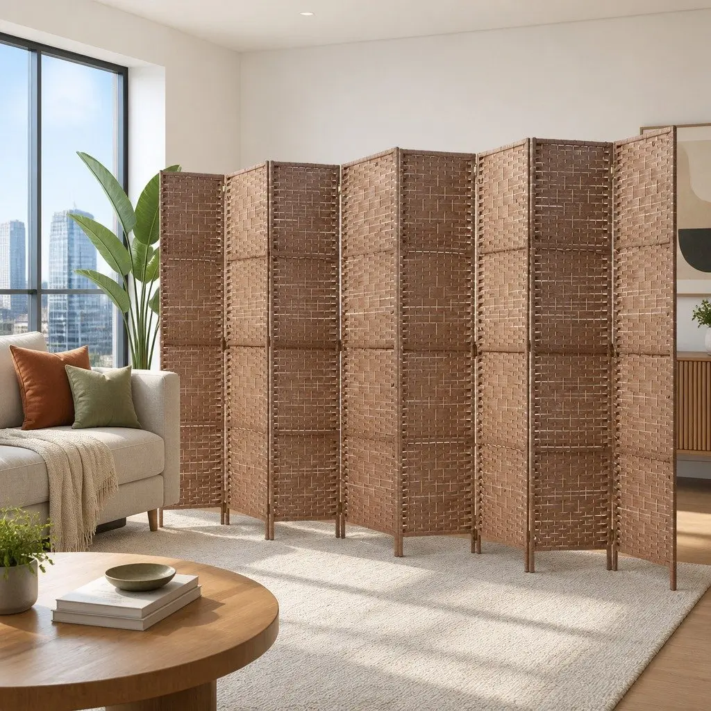 8-Panel Folding Room Divider Screen with Natural Wood Frame