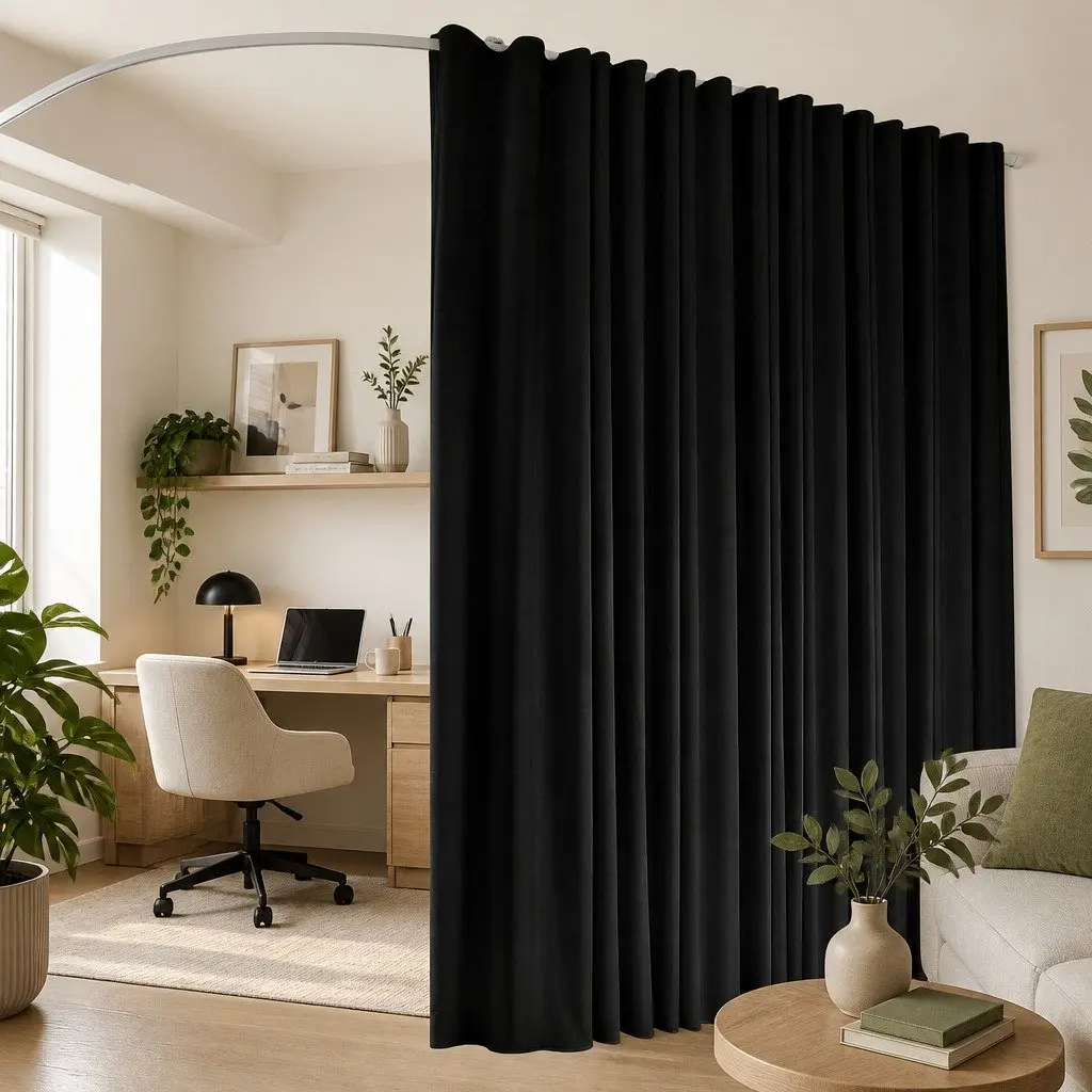 Room Divider Blackout Curtain Polyester Ceiling Mounted Track 254cm x 213cm Black