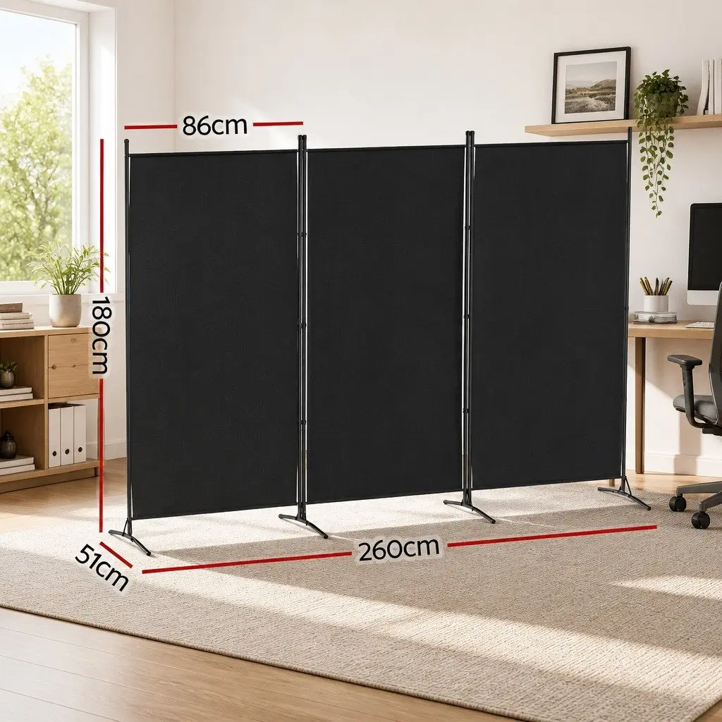 3 Panel Room Divider Screen Polyester Metal 260x180cm Black
