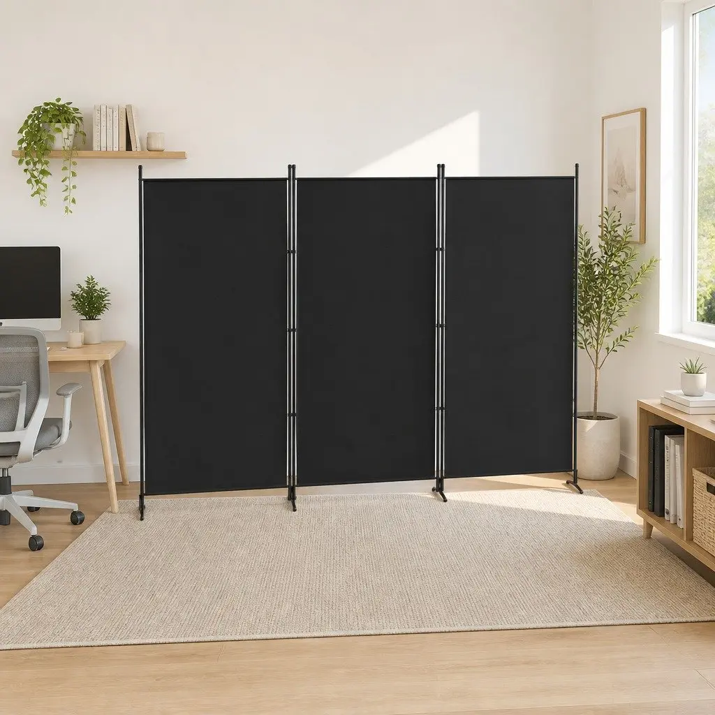 3 Panel Room Divider Screen Polyester Metal 260x180cm Black