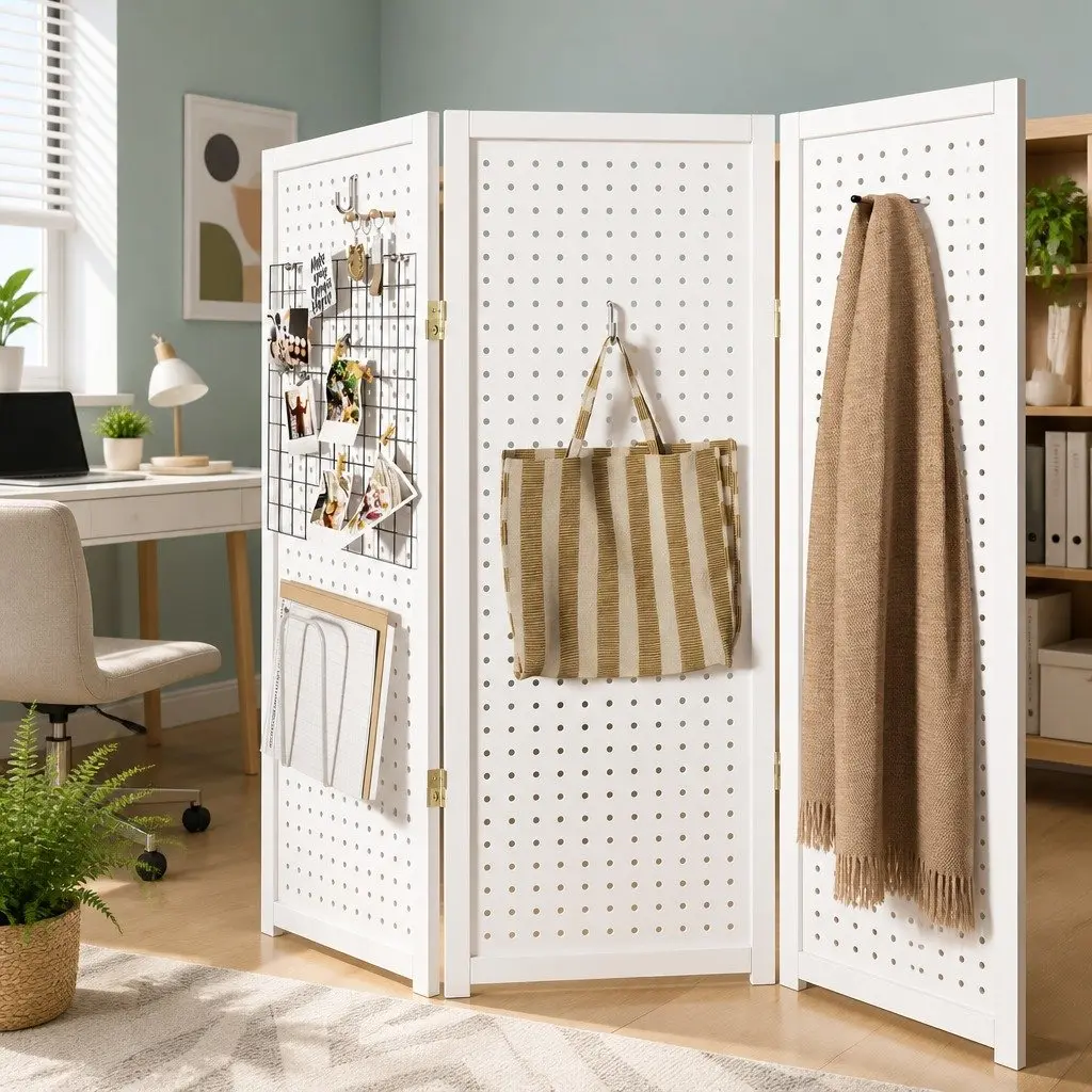 4 Panel Room Divider Pegboard Pine Wood and MDF 164x170cm White Folding Privacy Partition
