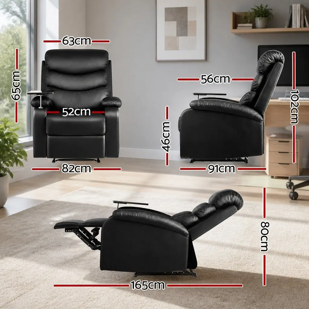 Black Leather Recliner Chair with Tray Table