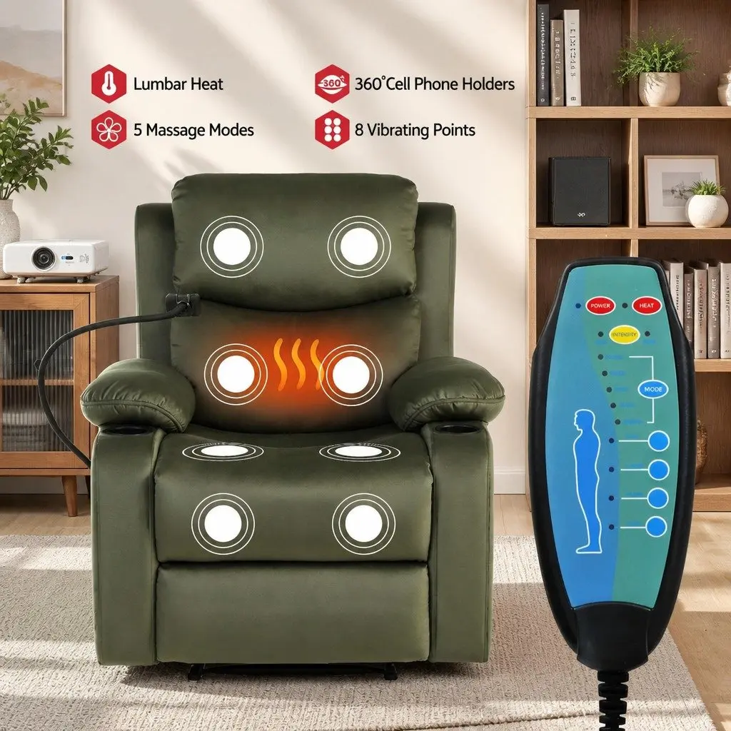 Recliner Chair Velvet 135 Degree Adjustable Green