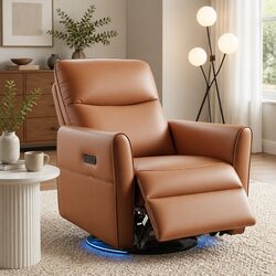 Brown PU Leather Swivel Recliner Chair with LED Features