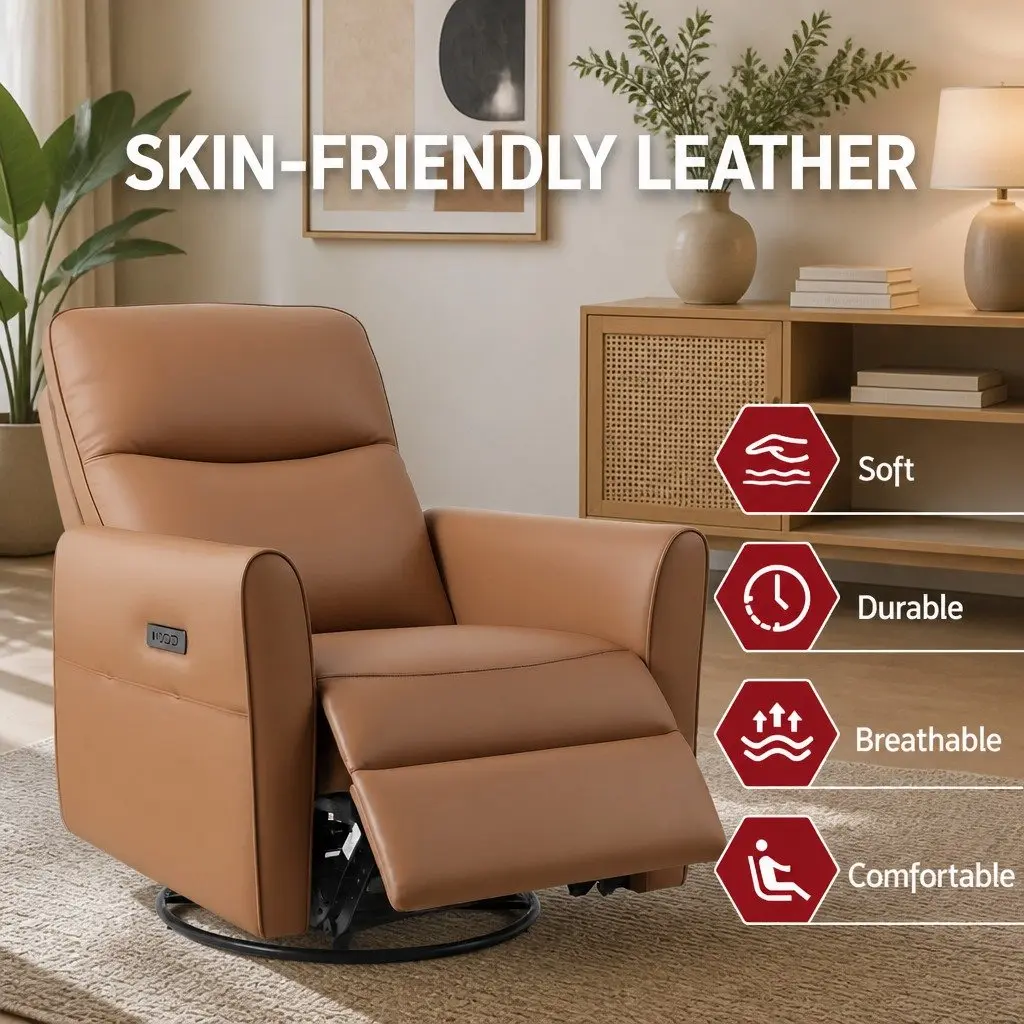 Recliner Chair PU Leather Brown 240 Degree Swivel Adjustable Headrest Footrest USB Charging