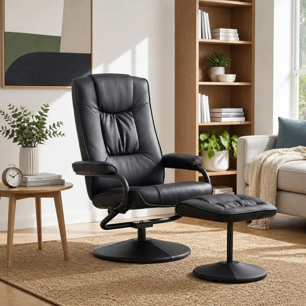 Recliner Chair PU Leather Black with Ottoman 360-Degree Swivel Adjustable Size