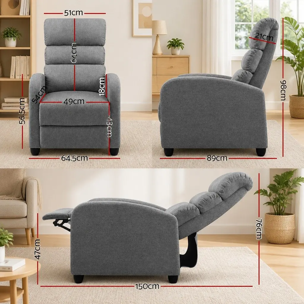Recliner Armchair Faux Linen Fabric Grey Adjustable Backrest Footrest 64.5cm W x 89cm D x 98cm H