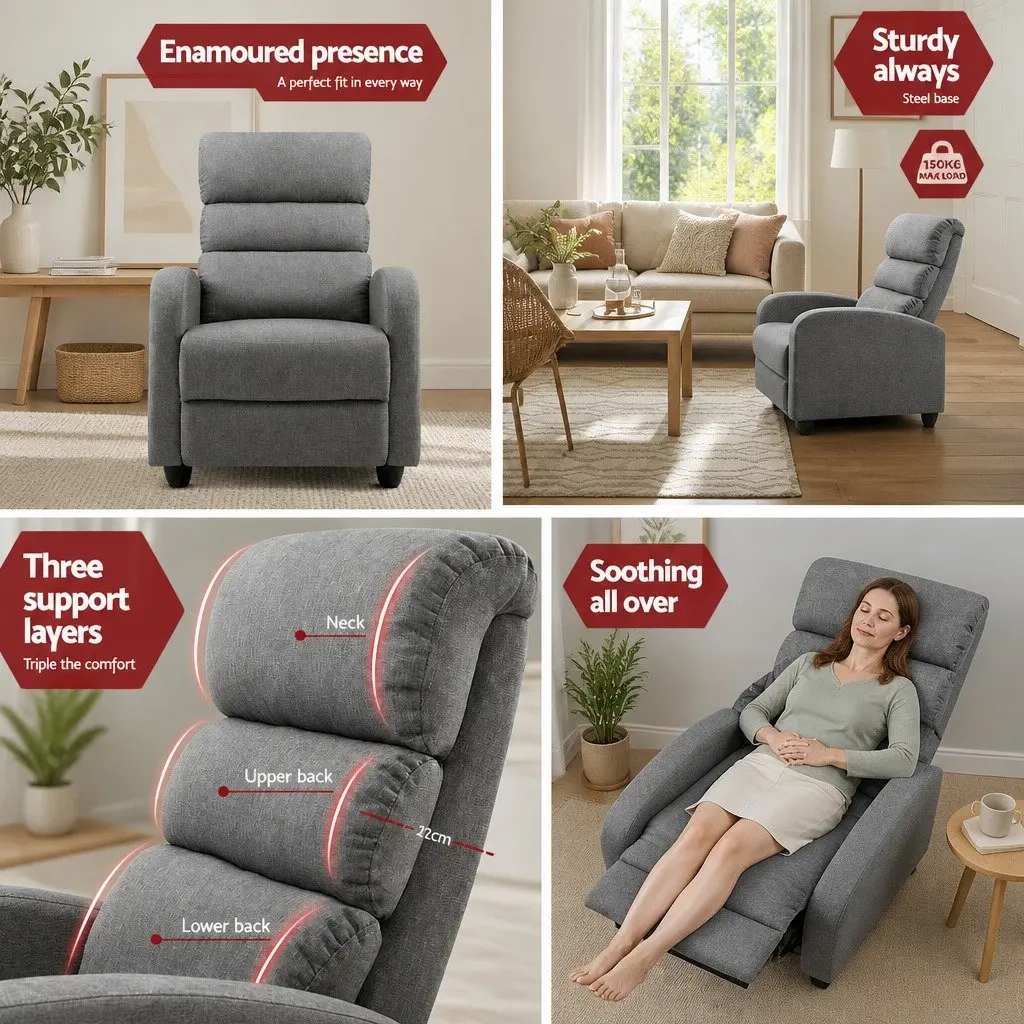 Recliner Armchair Faux Linen Fabric Grey Adjustable Backrest Footrest 64.5cm W x 89cm D x 98cm H