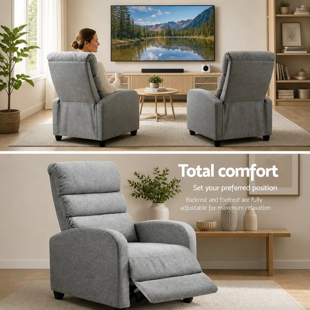 Recliner Armchair Faux Linen Fabric Grey Adjustable Backrest Footrest 64.5cm W x 89cm D x 98cm H