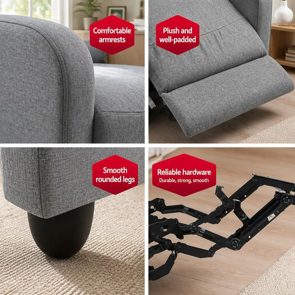 Recliner Armchair Faux Linen Fabric Grey Adjustable Backrest Footrest 64.5cm W x 89cm D x 98cm H