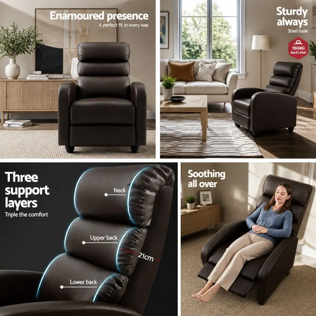 Recliner Armchair Brown PU Leather Adjustable Backrest Footrest Recline Chair