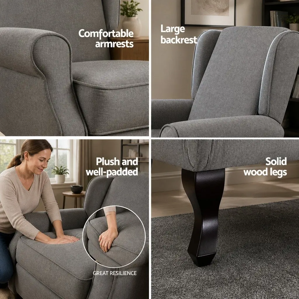 Recliner Armchair Faux Linen Fabric Grey Adjustable Backrest Footrest