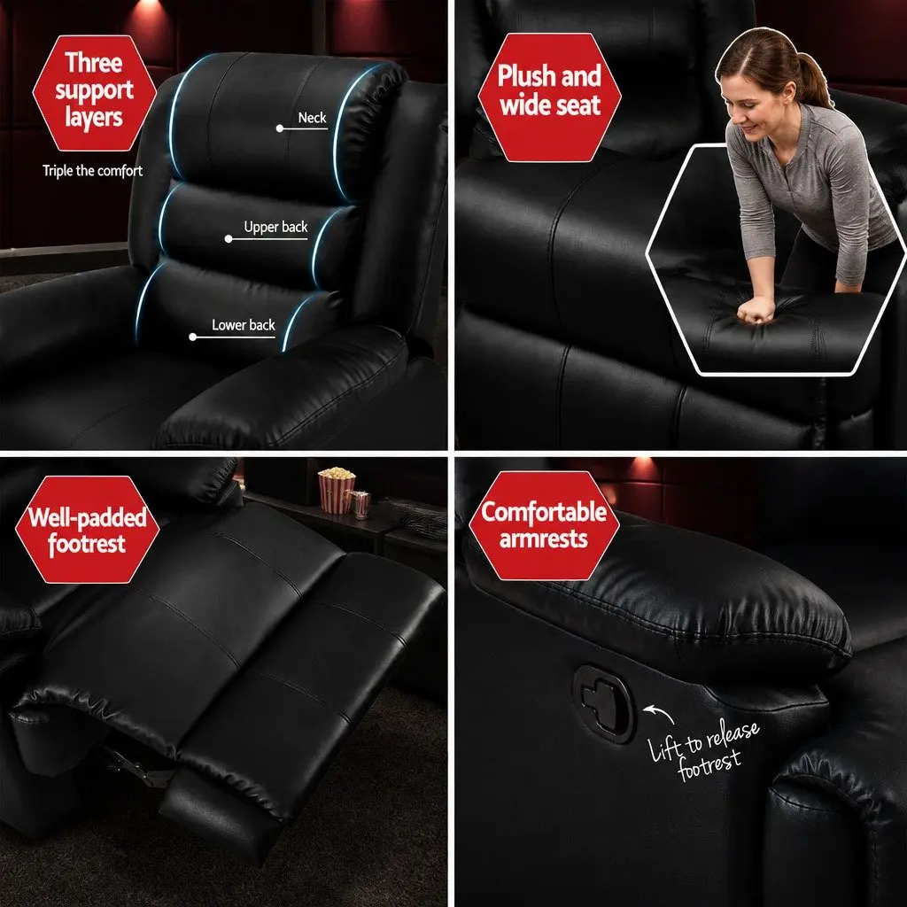 Recliner Chair PU Leather Adjustable Backrest Footrest Black