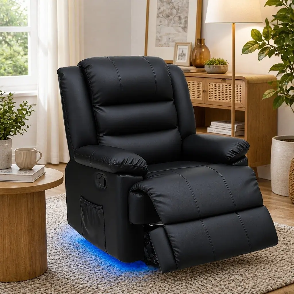 Manual Recliner Chair with LED Lights in Black
