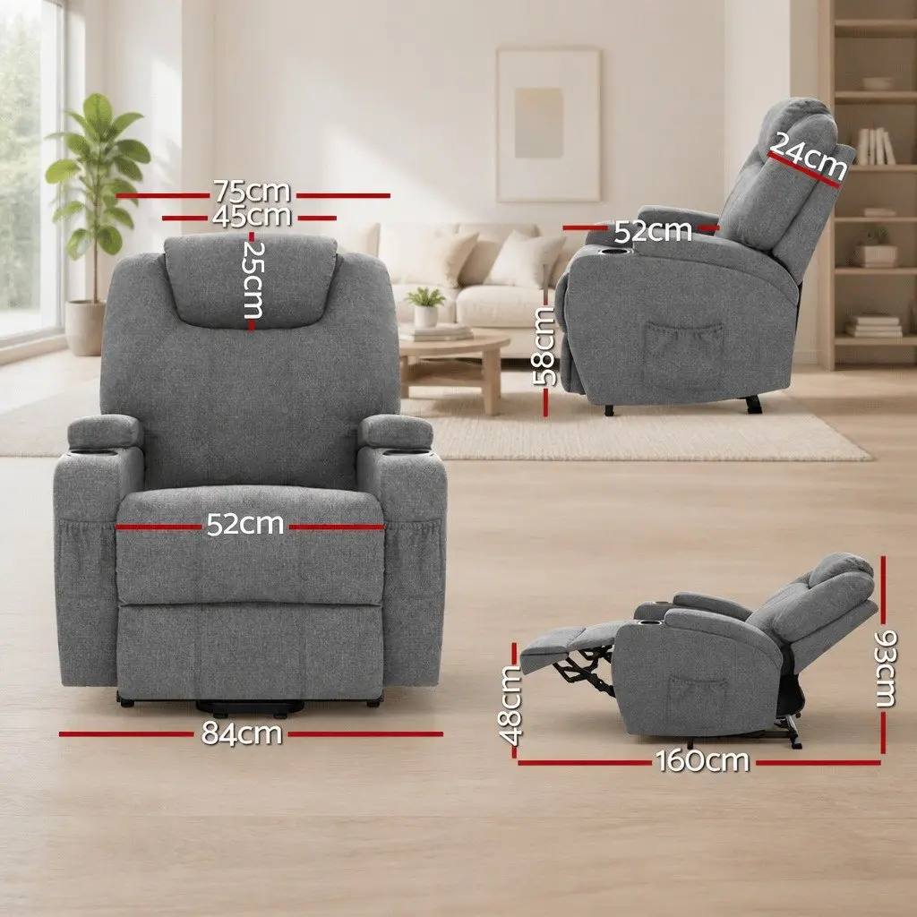 Velvet Grey Recliner Chair with Massage Function