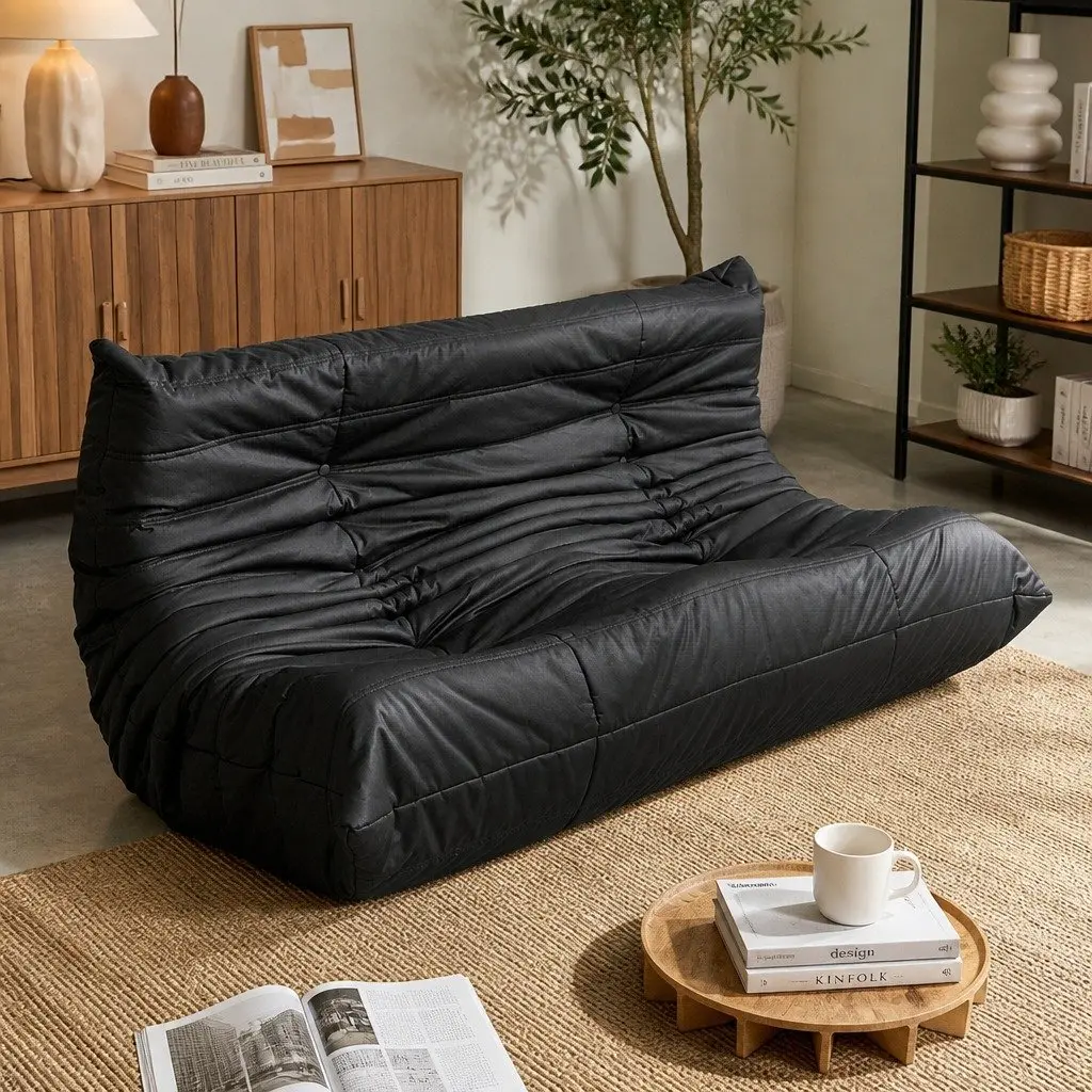 2 Seater Floor Sofa Microfibre Black