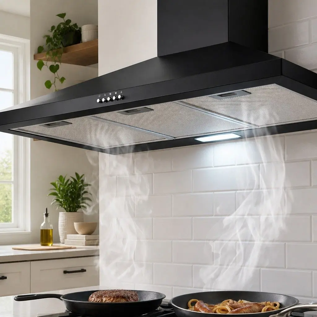 900mm Black Wall-Mounted Kitchen Range Hood with LED