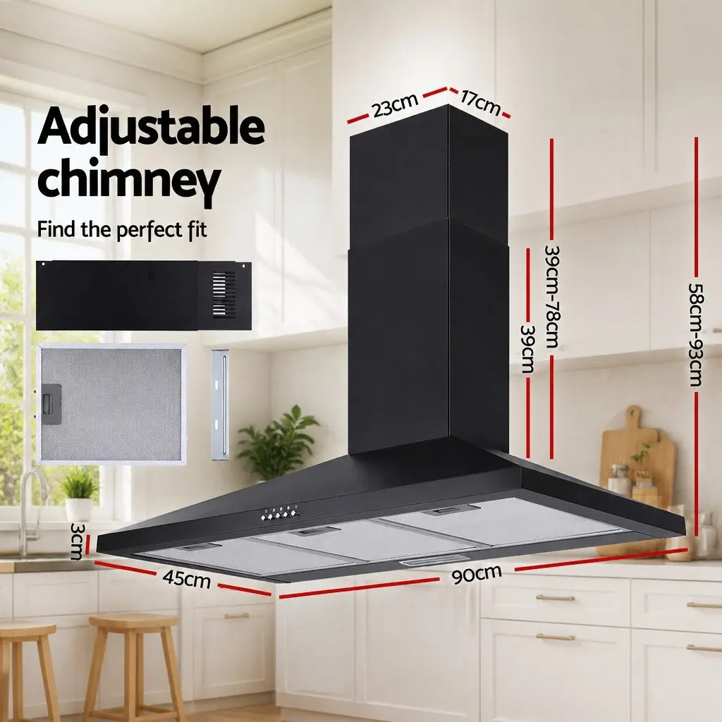 900mm Black Wall-Mounted Kitchen Range Hood with LED