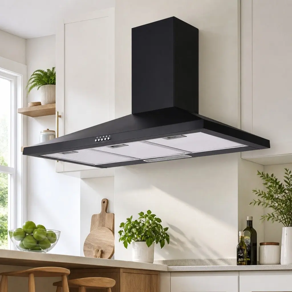 900mm Black Wall-Mounted Kitchen Range Hood with LED