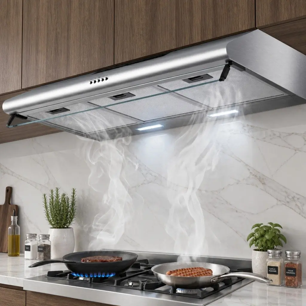 90cm Range Hood Stainless Steel Glass Visor Silver