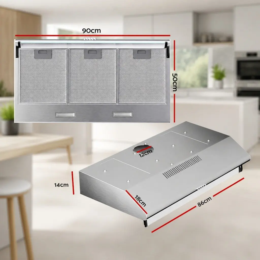 90cm Range Hood Stainless Steel Glass Visor Silver