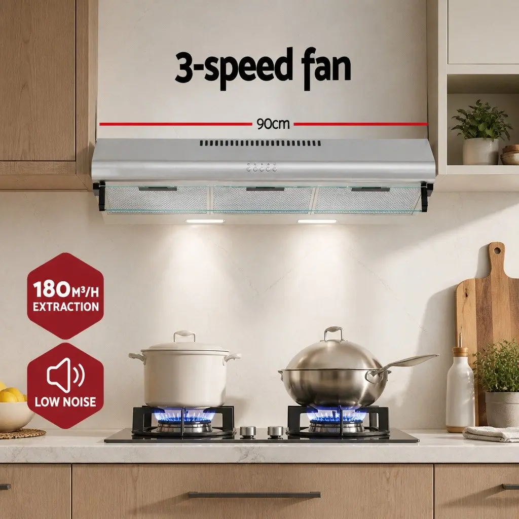 90cm Range Hood Stainless Steel Glass Visor Silver