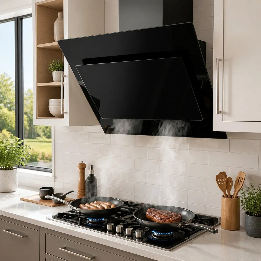 900mm Side-Draft Angled Glass Range Hood in Black