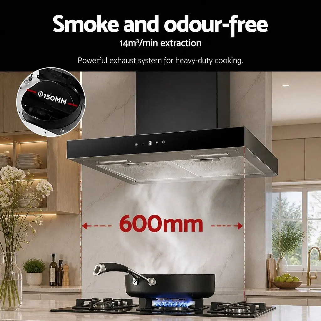 60cm Wall-Mounted Range Hood with Black Tempered Glass