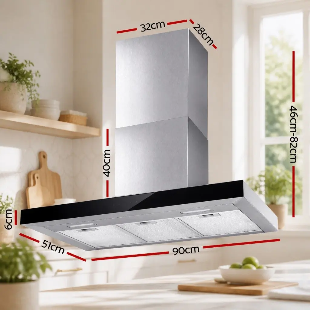 Stainless Steel Wall Mounted Range Hood 90cm with Black Glass