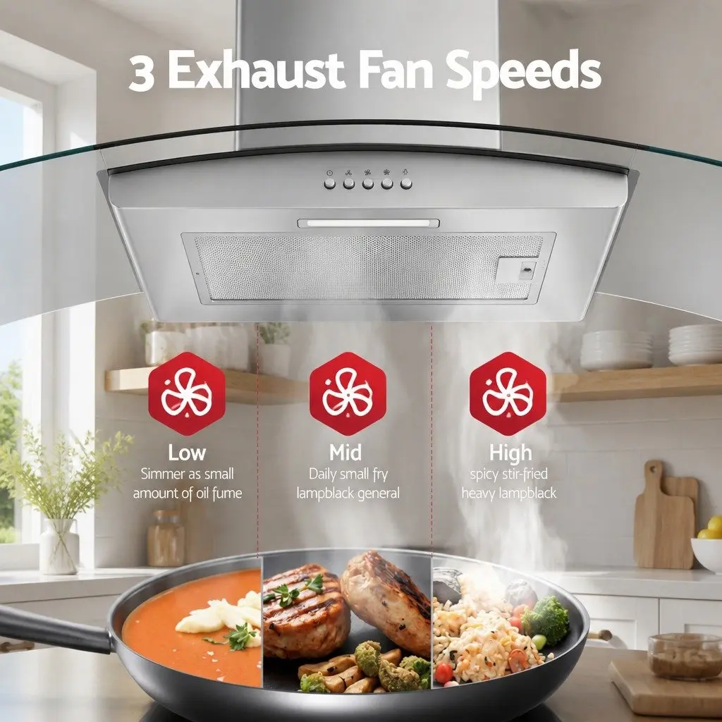 90cm Range Hood Curved Glass Canopy Kitchen Exhaust Fan Wall Mount Rangehood