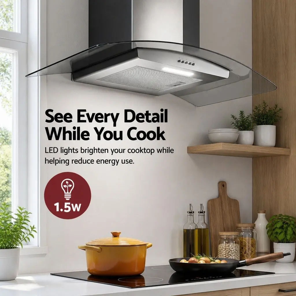 90cm Range Hood Curved Glass Canopy Kitchen Exhaust Fan Wall Mount Rangehood