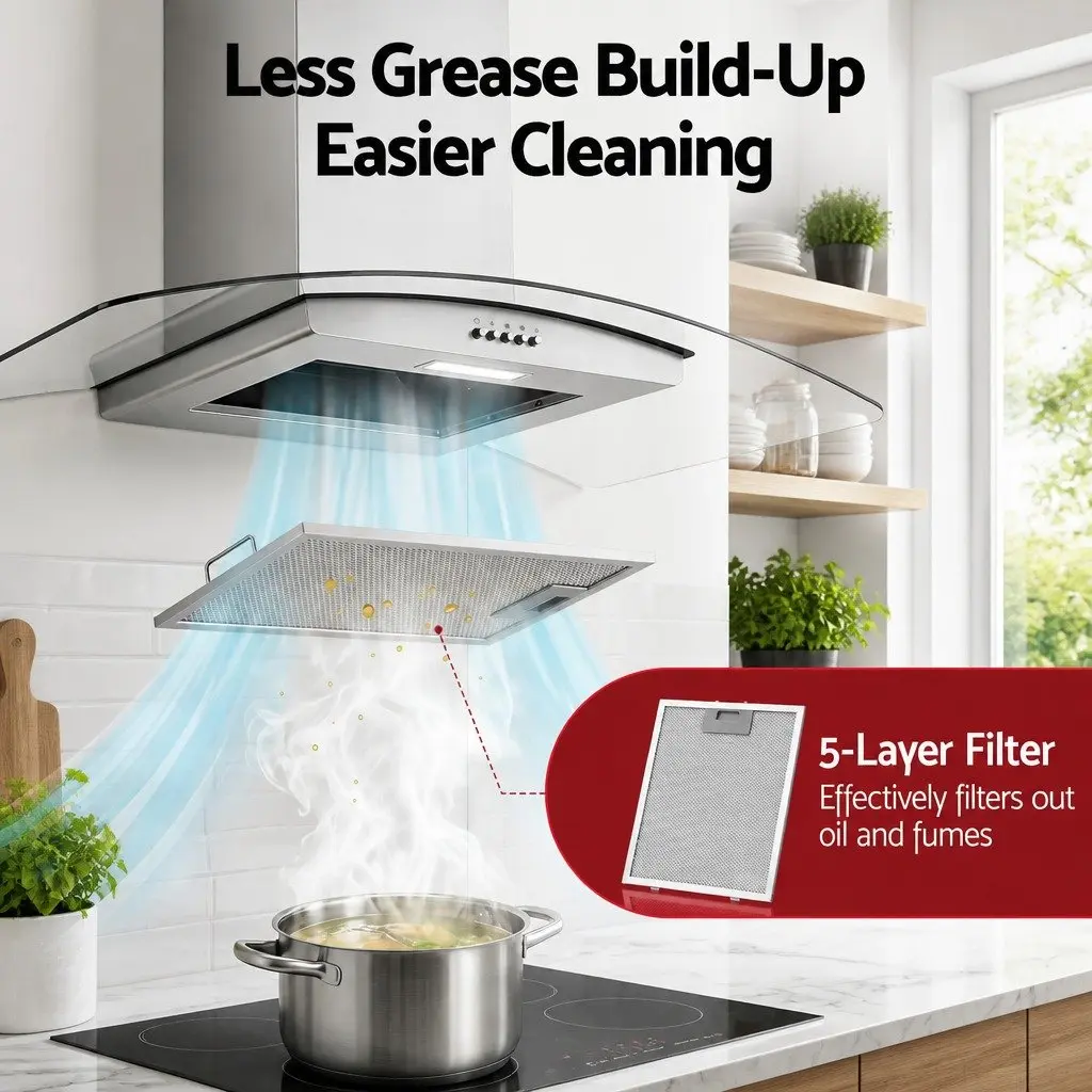 90cm Range Hood Curved Glass Canopy Kitchen Exhaust Fan Wall Mount Rangehood