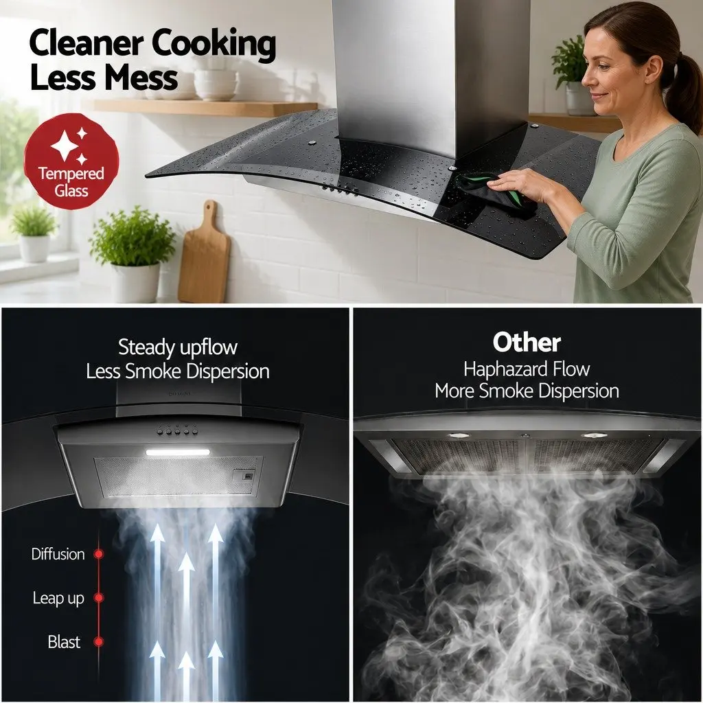 90cm Range Hood Curved Glass Canopy Kitchen Exhaust Fan Wall Mount Rangehood