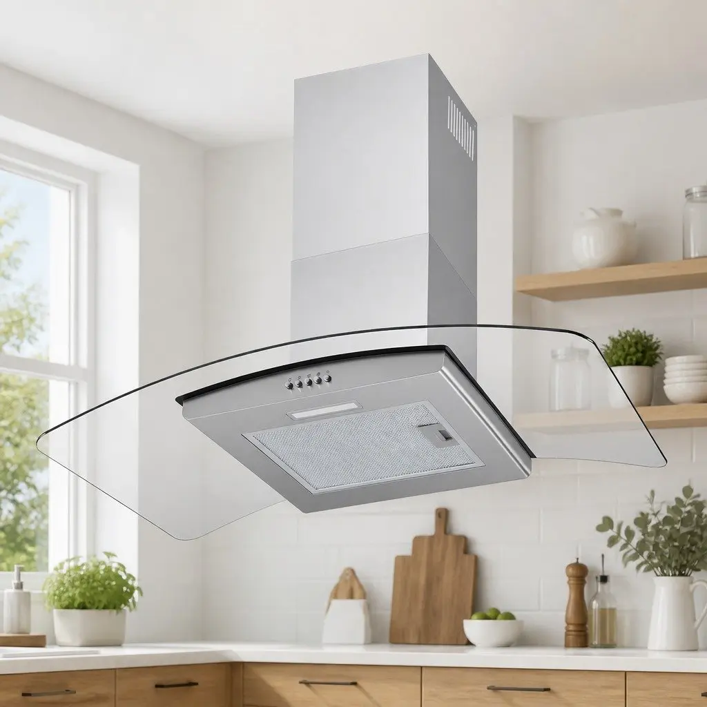 90cm Range Hood Curved Glass Canopy Kitchen Exhaust Fan Wall Mount Rangehood