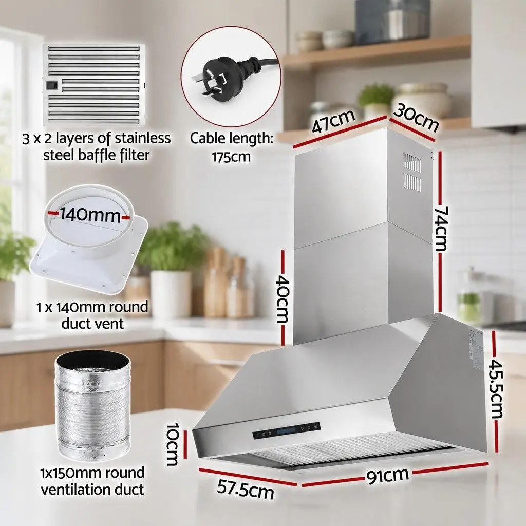 Wall-Mounted Range Hood 900mm with 3-Speed Fan