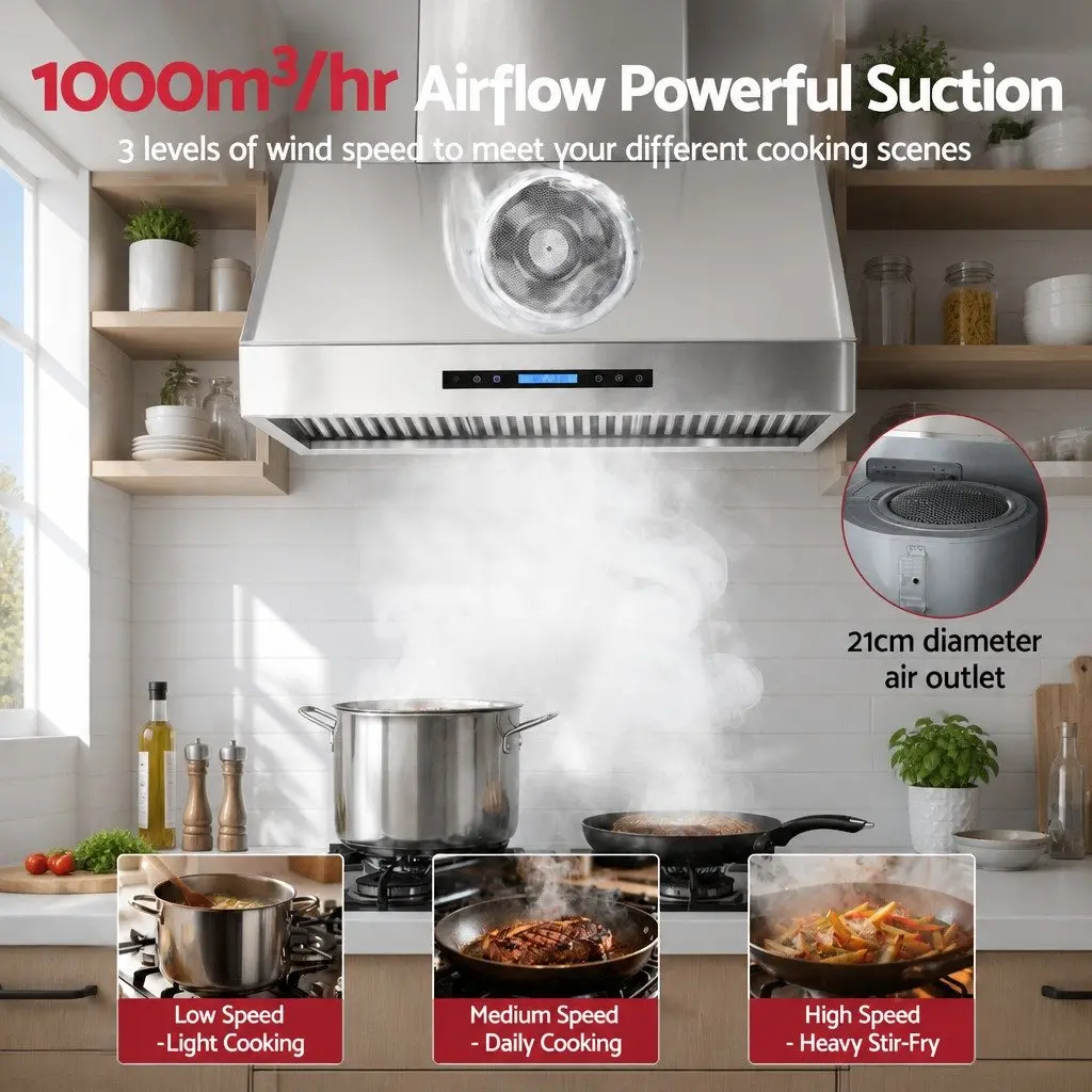 Wall-Mounted Range Hood 900mm with 3-Speed Fan
