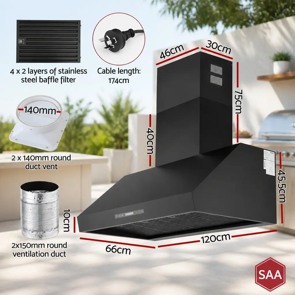 1200mm Black Wall BBQ Range Hood with Dual Motors