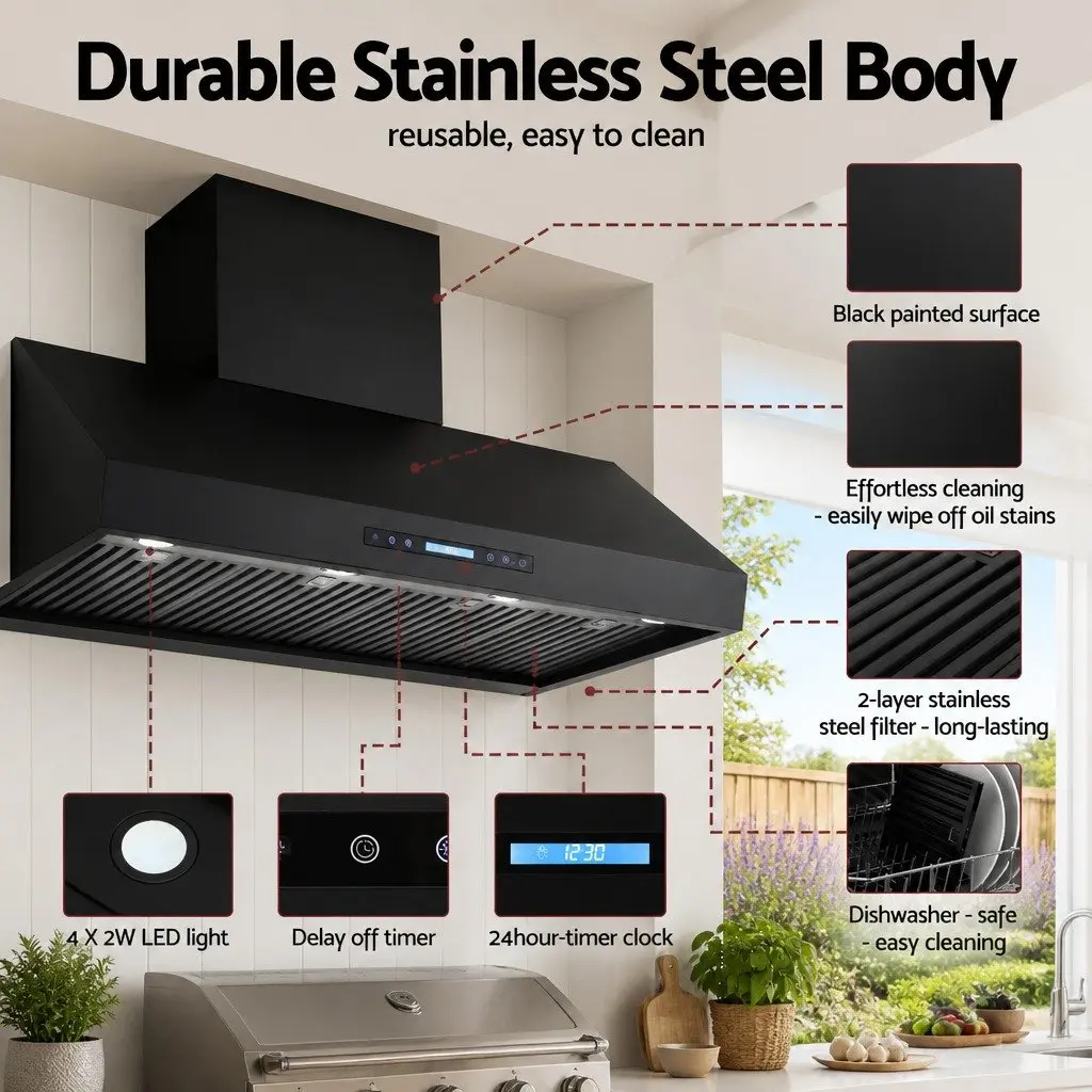 1200mm Black Wall BBQ Range Hood with Dual Motors