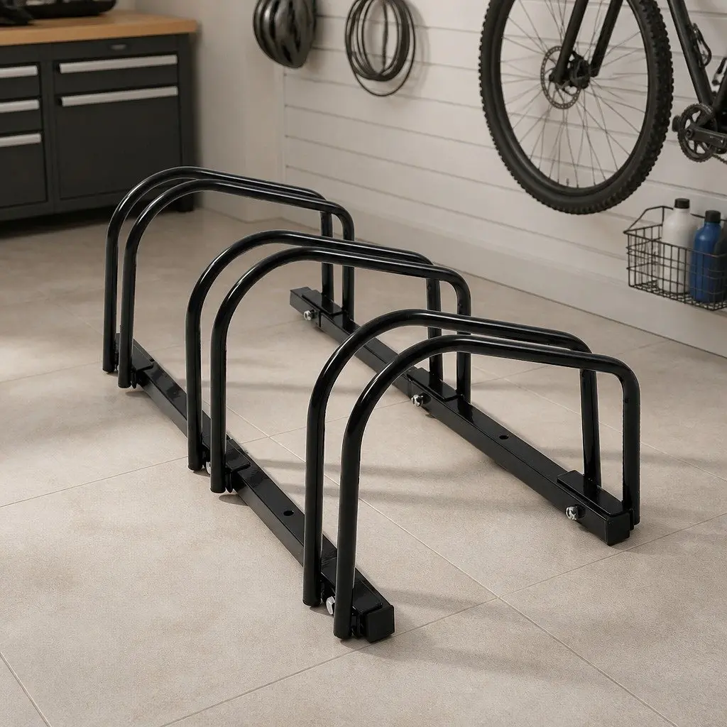 Bike Floor Parking Rack Steel Upright Storage 3 Bikes Black