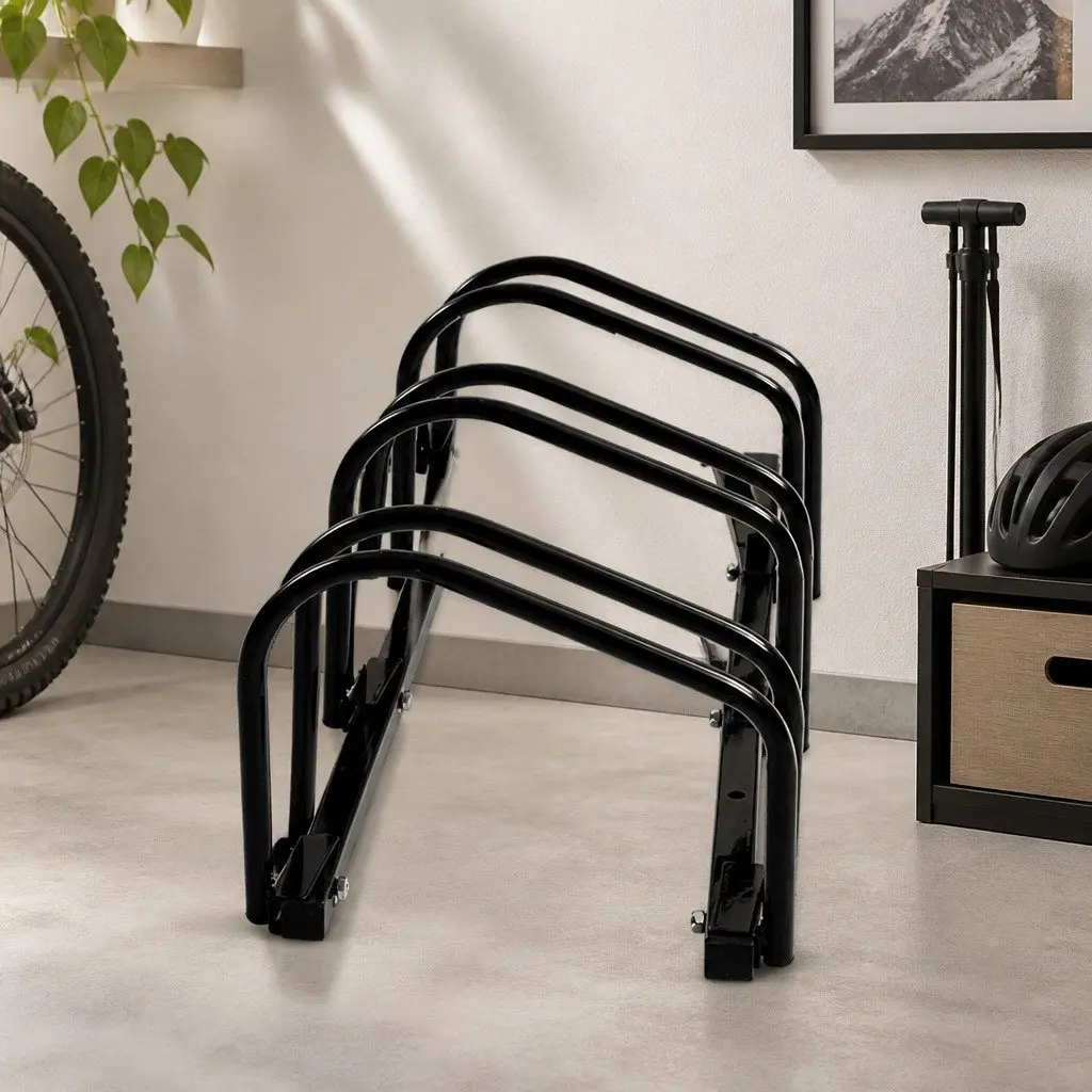 Bike Floor Parking Rack Steel Upright Storage 3 Bikes Black