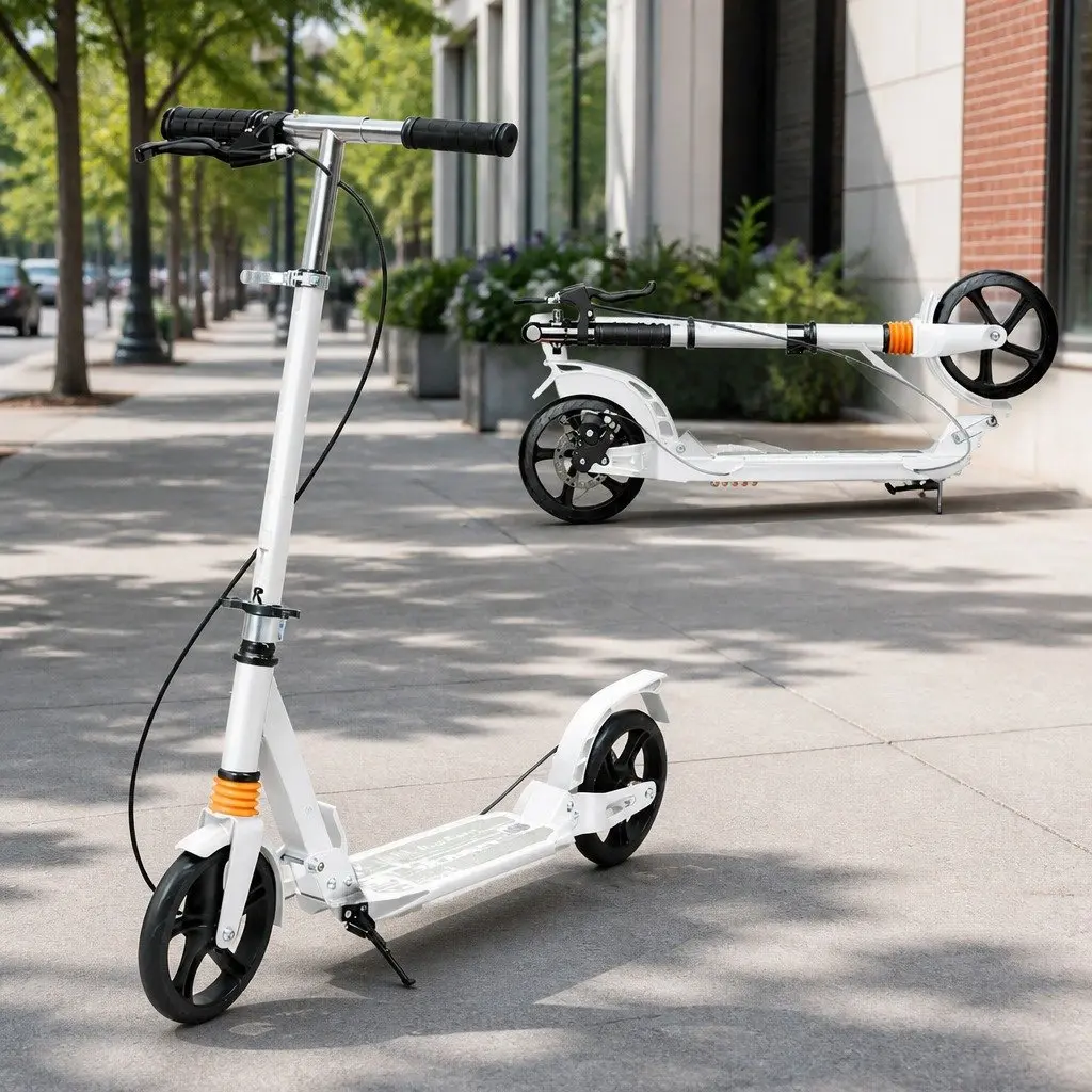 Adult Scooter Steel Adjustable Height White Anti-Slip Deck Dual Brakes