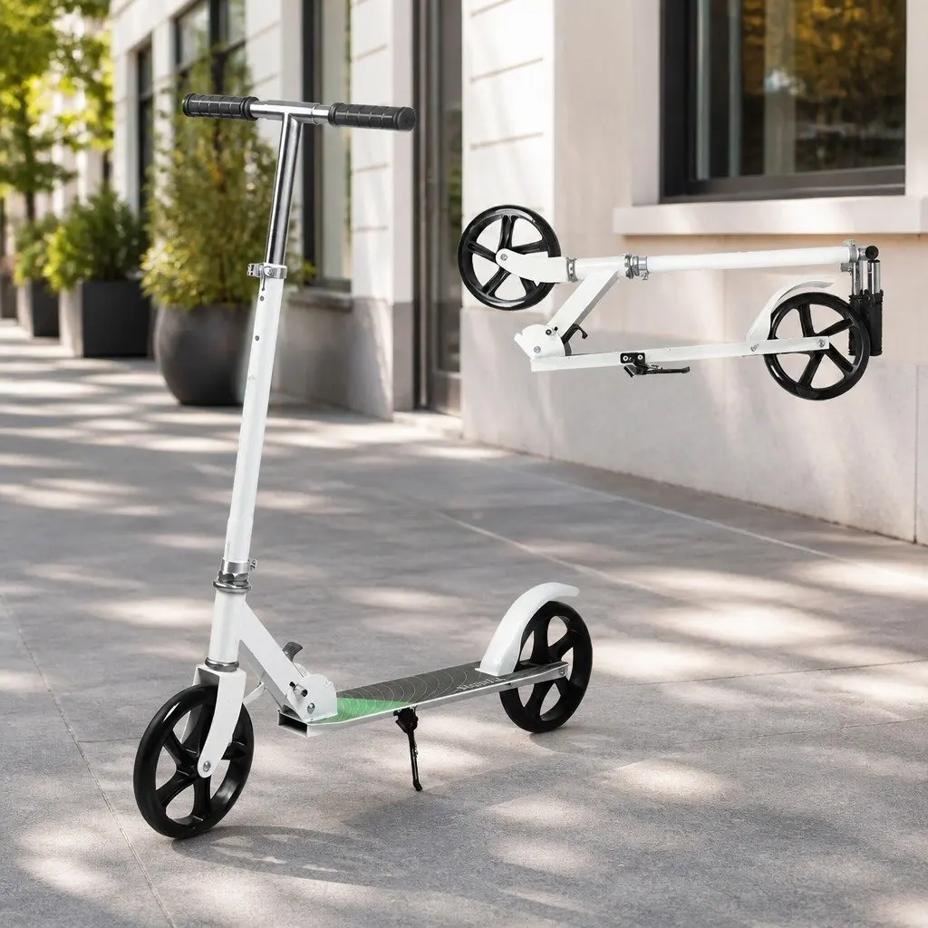Folding Push Scooter Steel Frame Adjustable Height Dual Large Wheels White