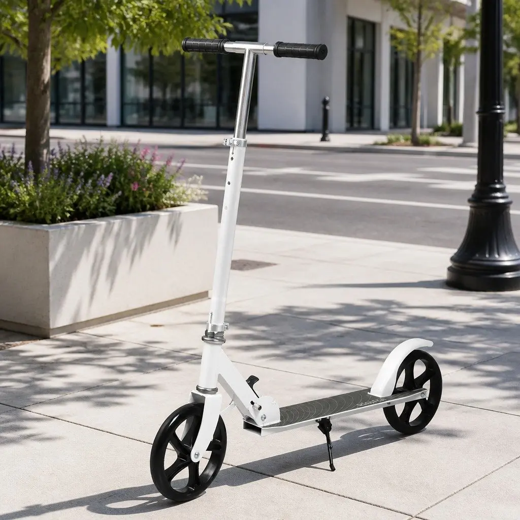 Folding Push Scooter Steel Frame Adjustable Height Dual Large Wheels White