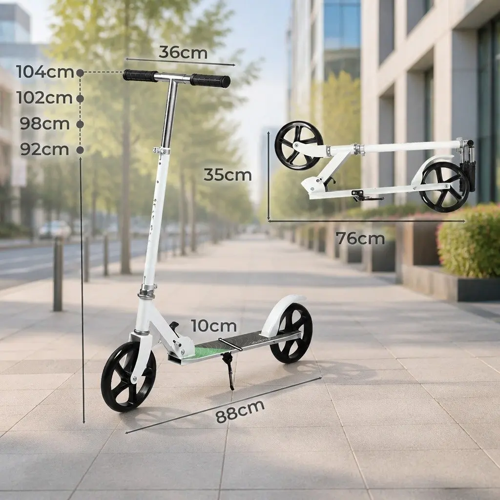 Folding Push Scooter Steel Frame Adjustable Height Dual Large Wheels White